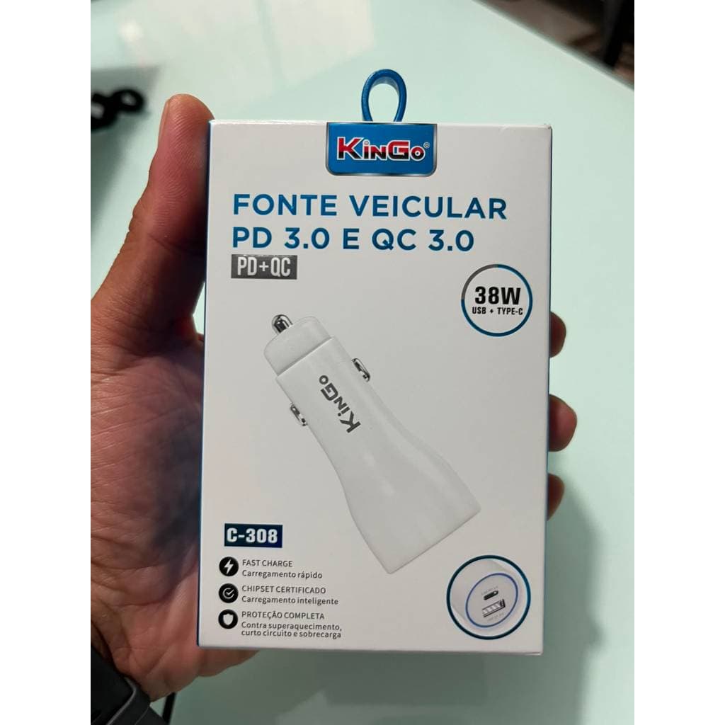 Carregador Veicular 38W USB-C PD 3.0 + USB QC 3.0 Turbo para iPhone e Android