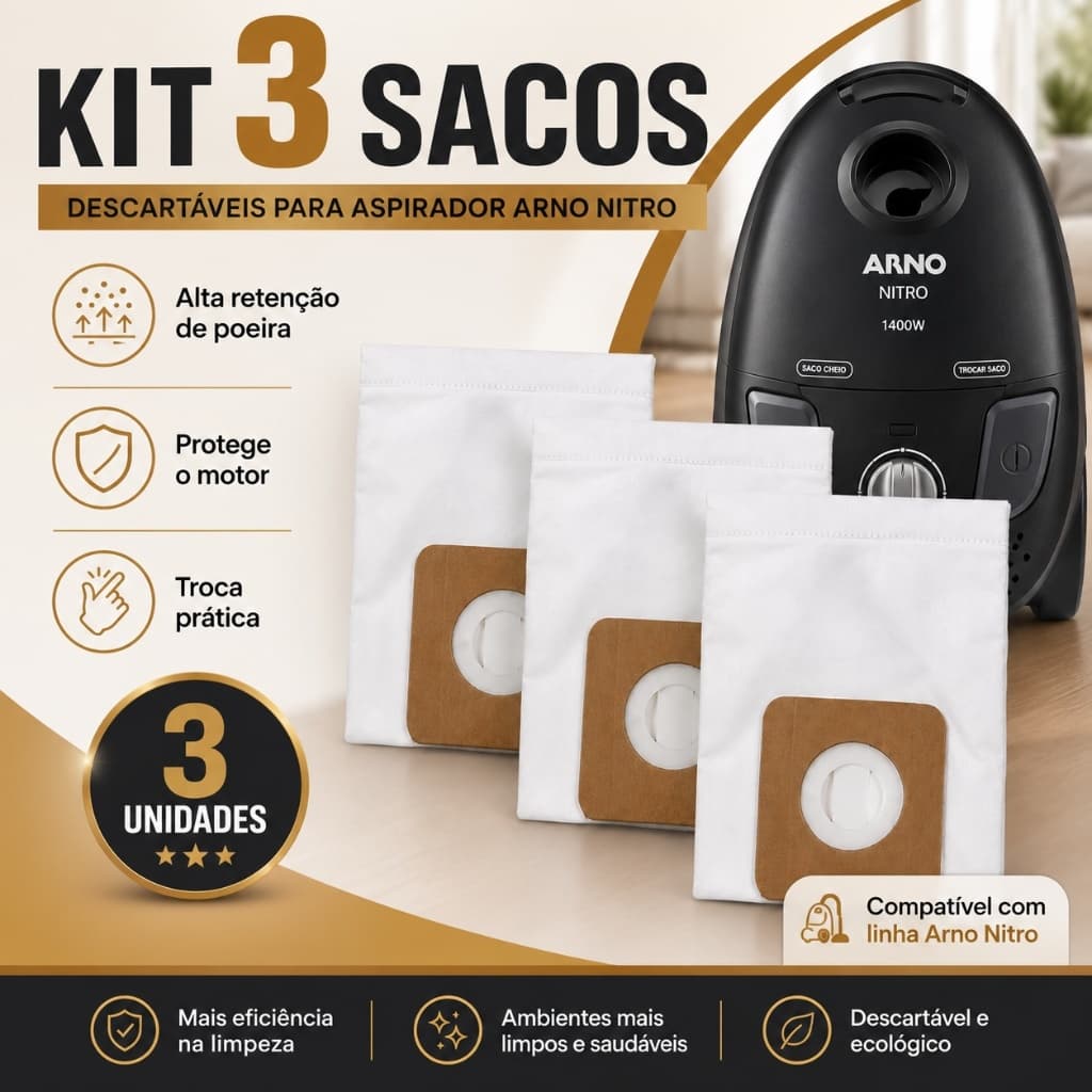 Sacos para Aspirador de Pó Descartável Arno Nitro Kit Com 3