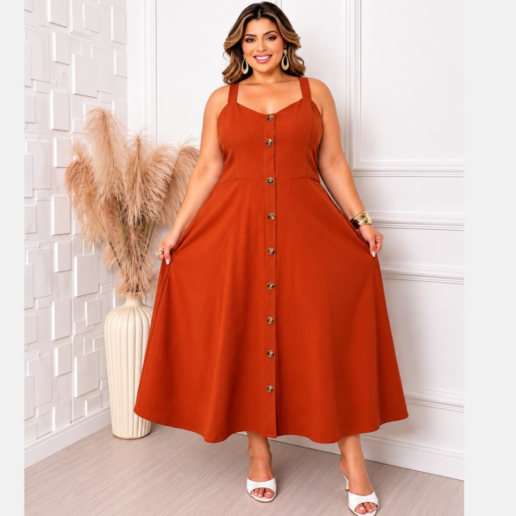 Vestido Feminino Plus Size Elegante Midi Alça Larga Casual Em Tecido Alfaiataria Marrant