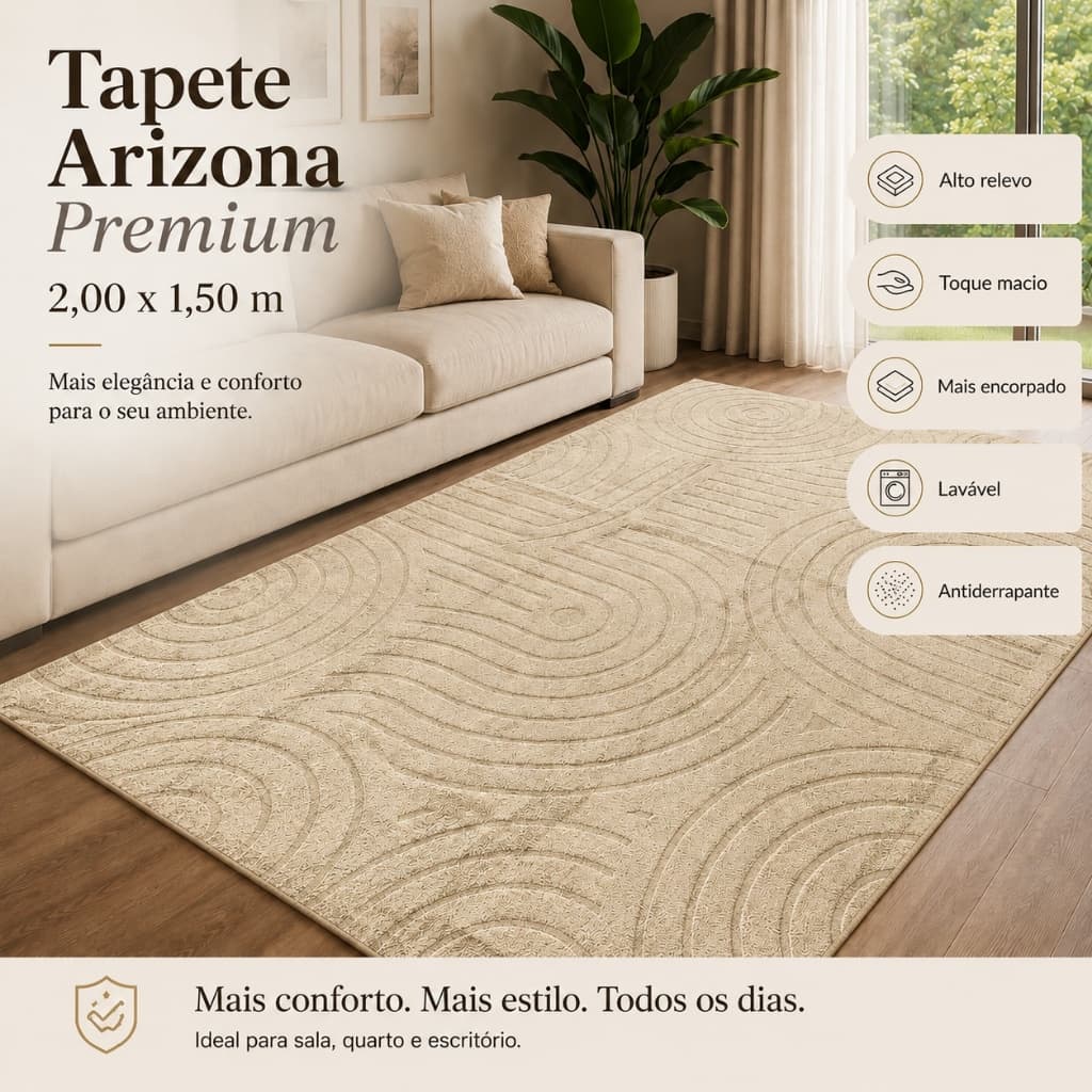 Tapete Sala 2,00x1,50 Alto Relevo Moderno Premium Macio Antiderrapante Quarto Decorativo Bege