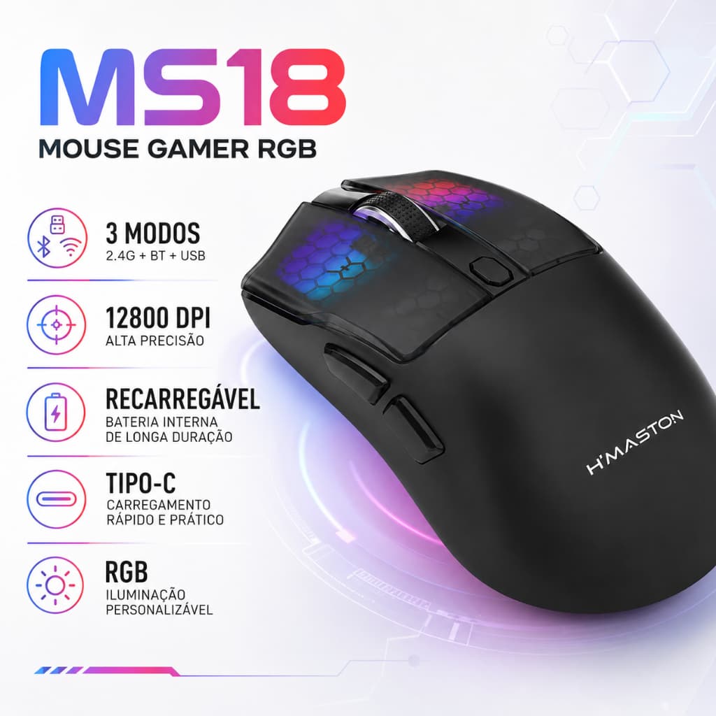 Mouse Gamer Sem Fio RGB Recarregável 3 Modos 12800 DPI Bluetooth USB 2.4G MS18