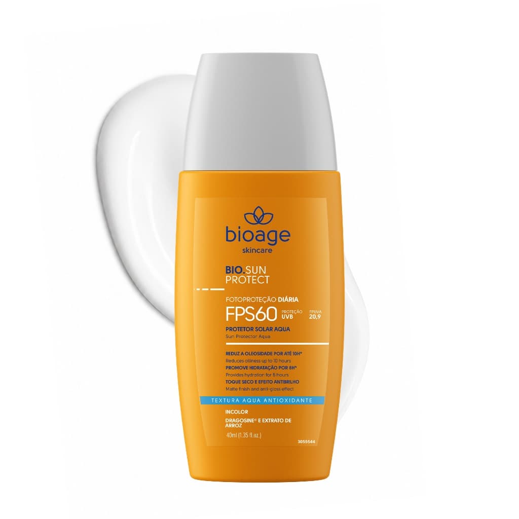 Protetor Solar Facial Fluido BioAge Bio SunProtect FPS 60 Aqua Anti Oleosidade Toque Seco Efeito Mate Sem Cor 45ml
