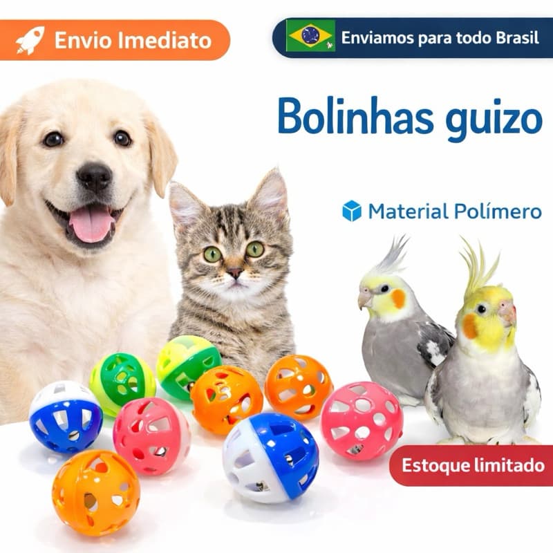 Conj 4/10 Bolinhas Guizo p/ Gato Cachorro Filhote Pequeno Calopsita Bola Brinquedo Barulho Colorida