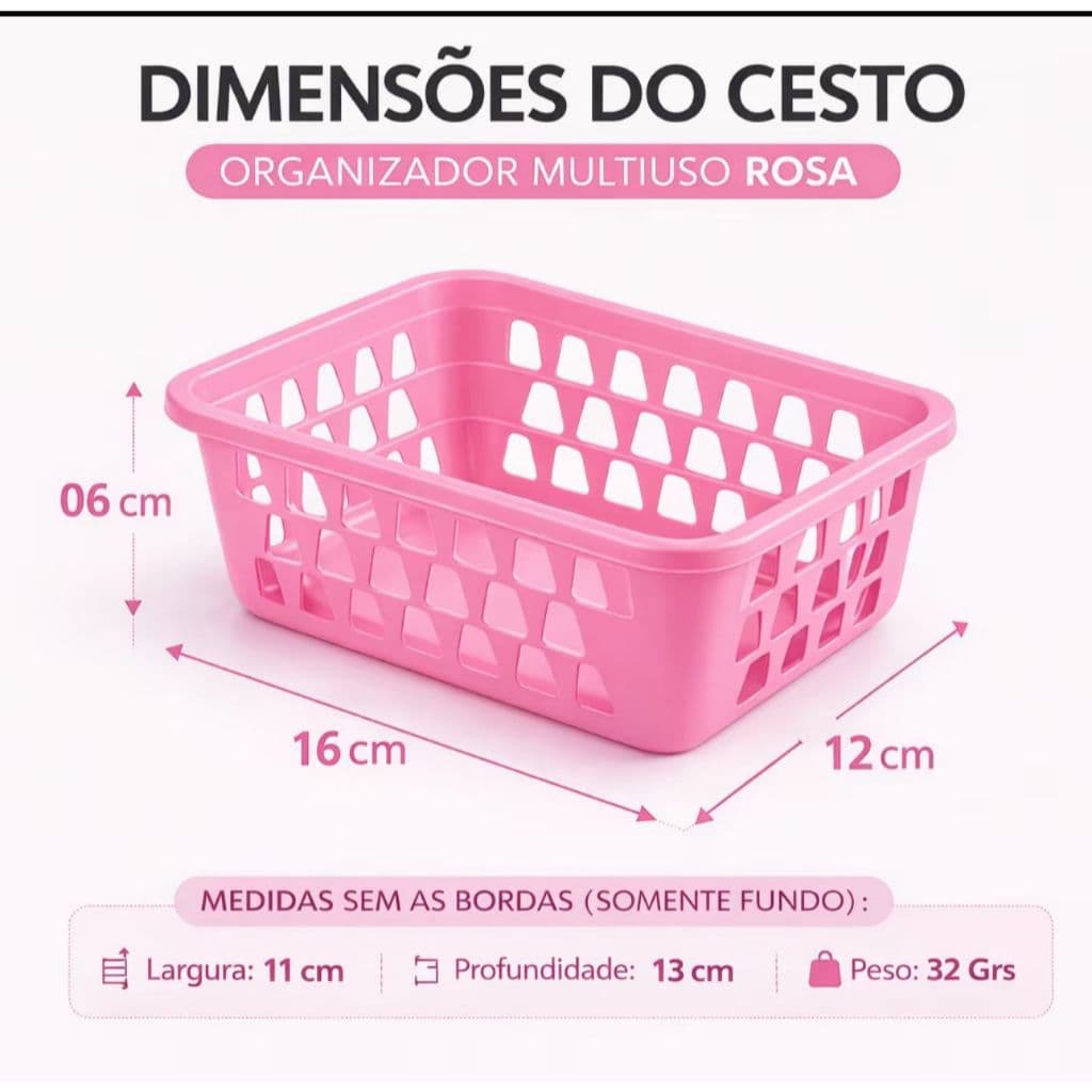 Kit 10 Cesto Organizador Plastico Multiuso Rosa Caixa Organizadora Resistente Cozinha Banheiro Quarto