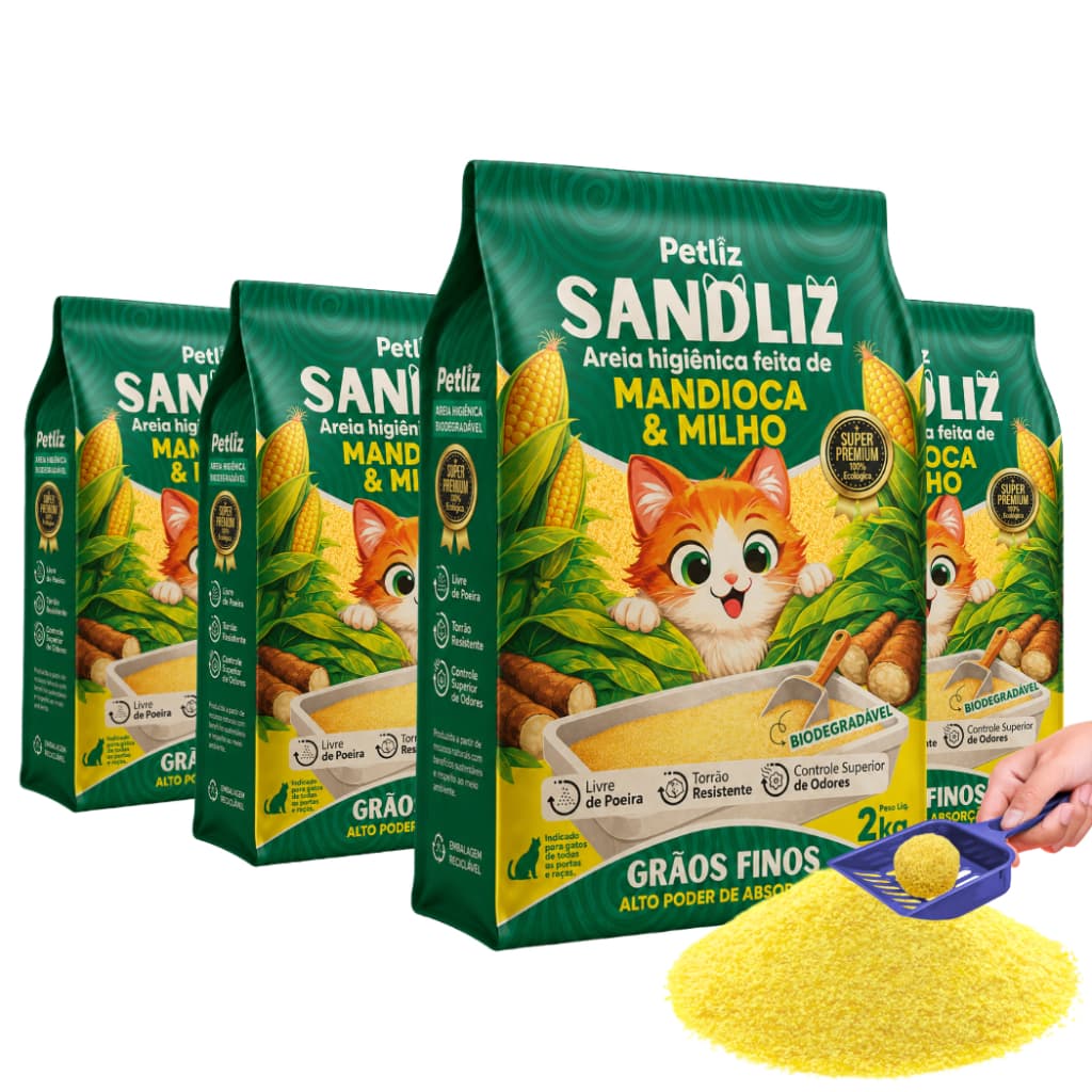 Kit 4 Areia Sanitária Higiênica Natural Premium Grãos Finos Milho Mandioca Gatos Sandliz Petliz 2 kg