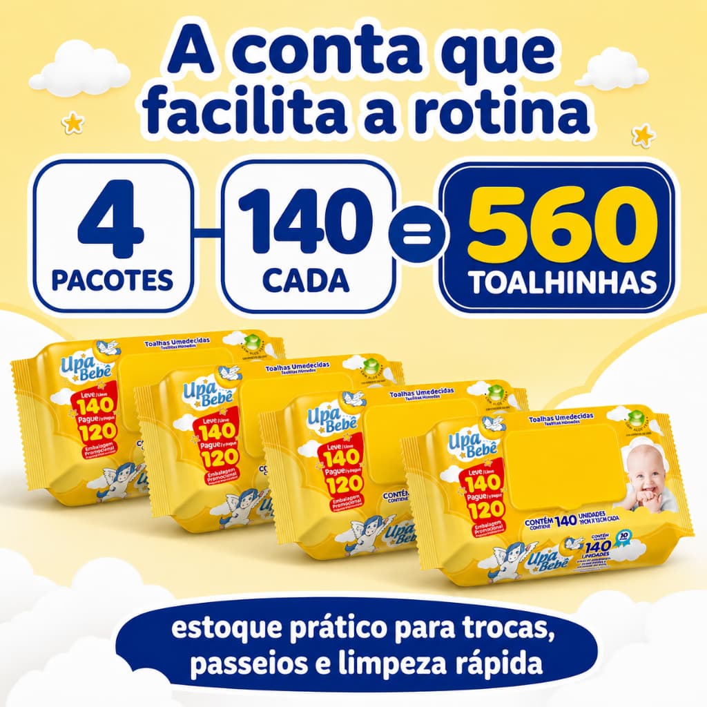 560 Lencos Umedecidos Upa Bebe 4 Pacotes 140 Folhas Tampa FlipTop  Agua Sem Alcool Toalha Umedecida