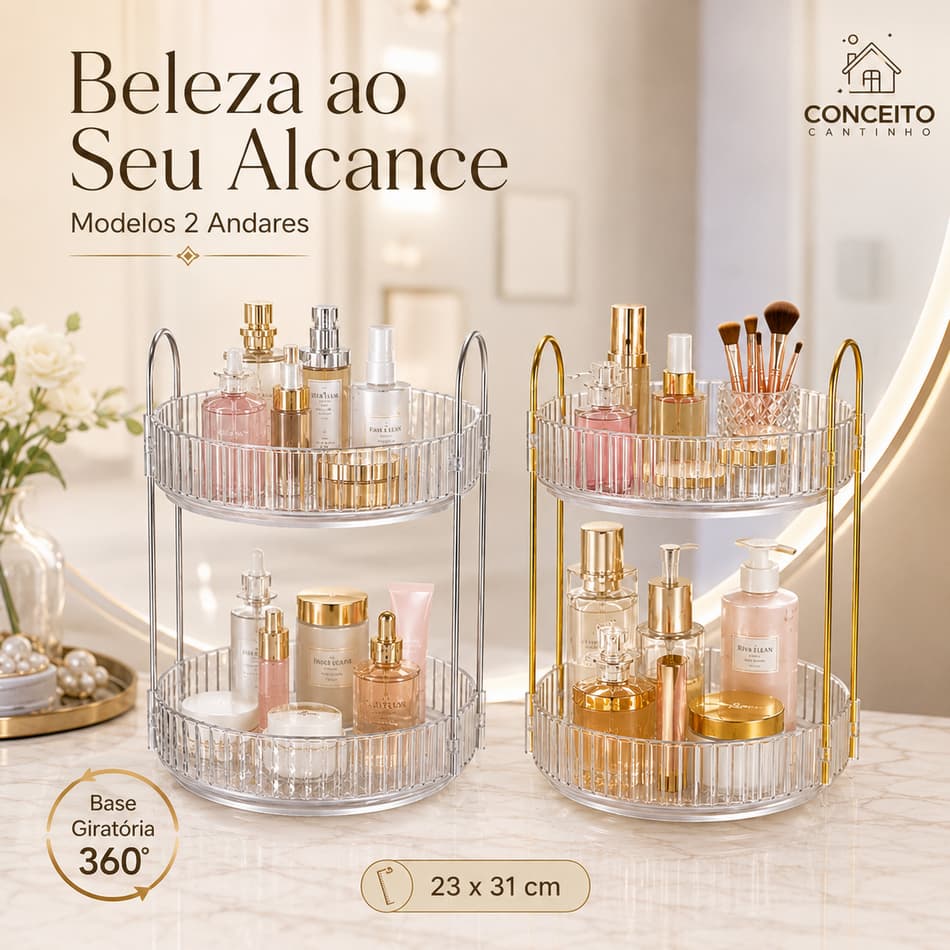 Organizador de Acrílico Caixa Luxo com Alça Dourada Multiuso Transparente Porta Treco 2 Andares 360º