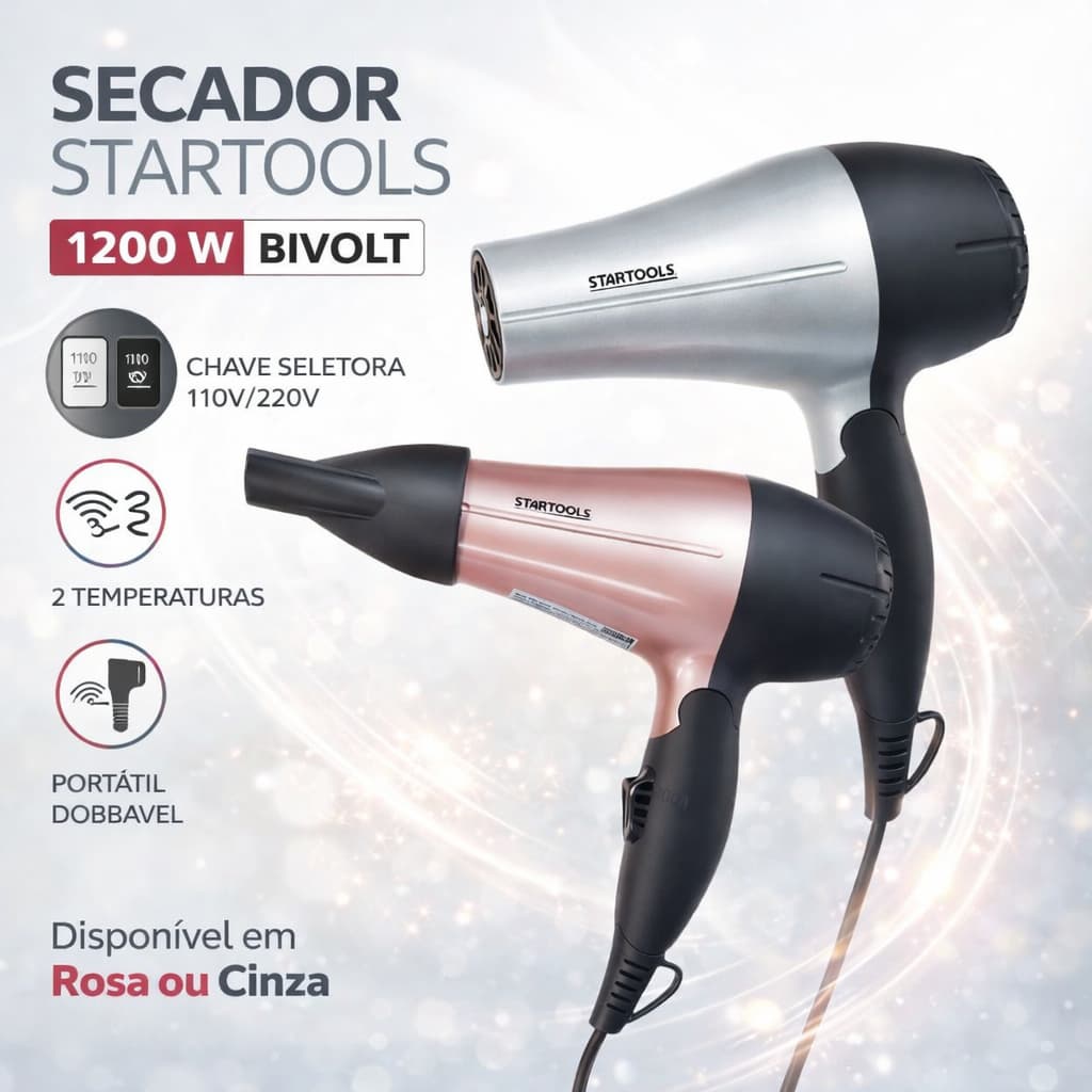 Secador Cabelo 1200W Bivolt Portátil Profissional Compacto Rosa ou Cinza Chave seletora 110V ou 220V