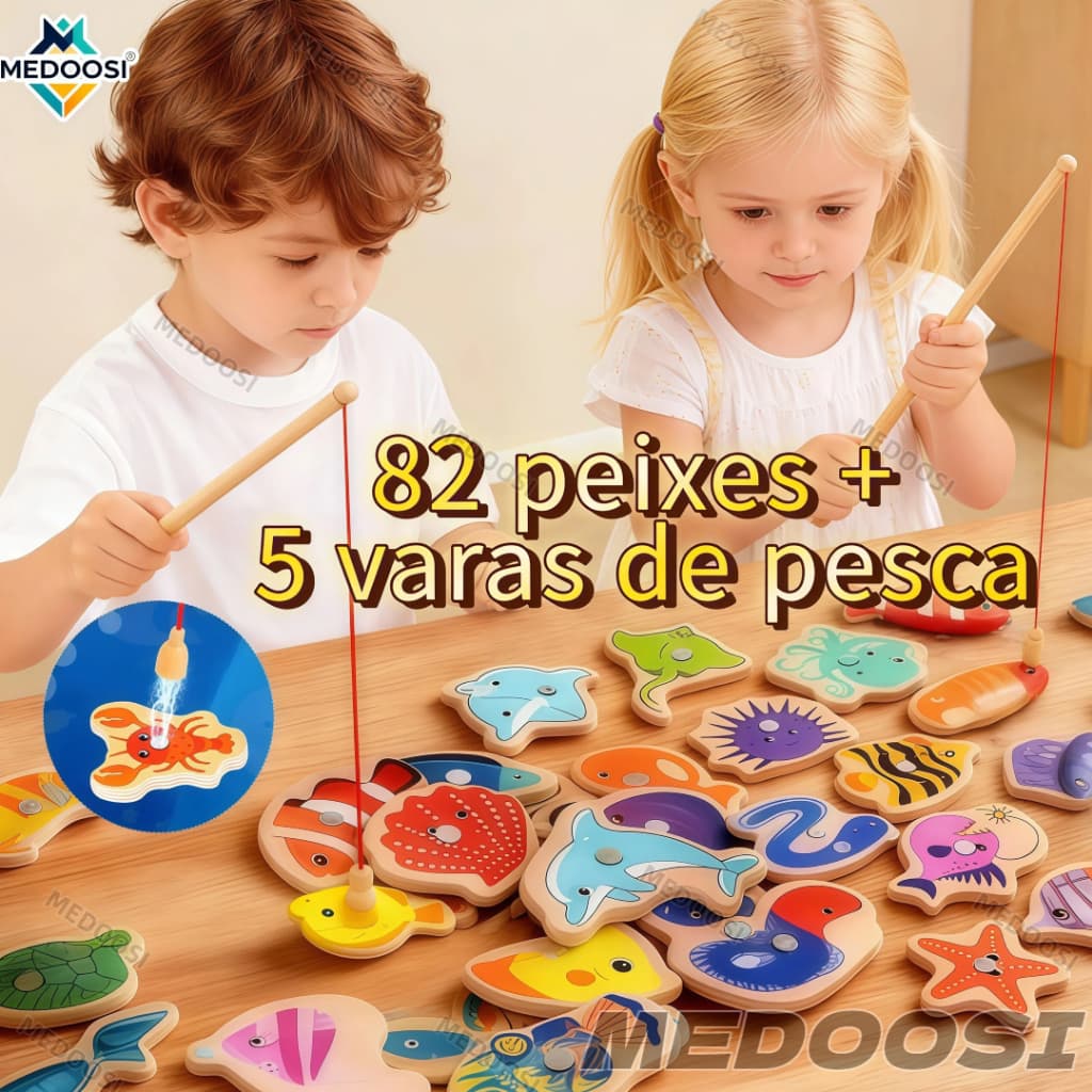 MEDOOSI 82/54  Peças Jogos infantil de Pescaria Magnético / Brinquedos Montessori Educacional de Madeira para Crianças