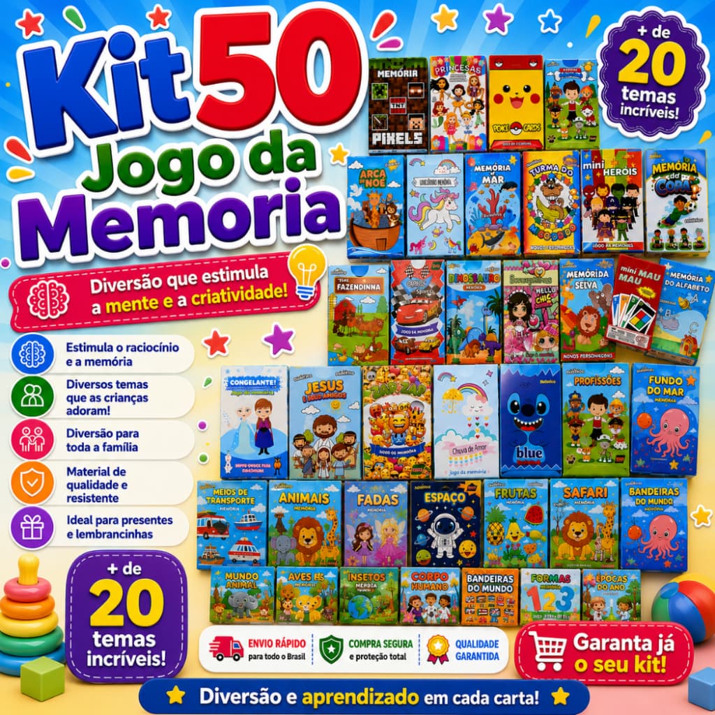 Kit 50 Jogo da Memoria Infantil p/ Kit Festa Lembrancinha Prenda Brinquedo Educativo Didatico
