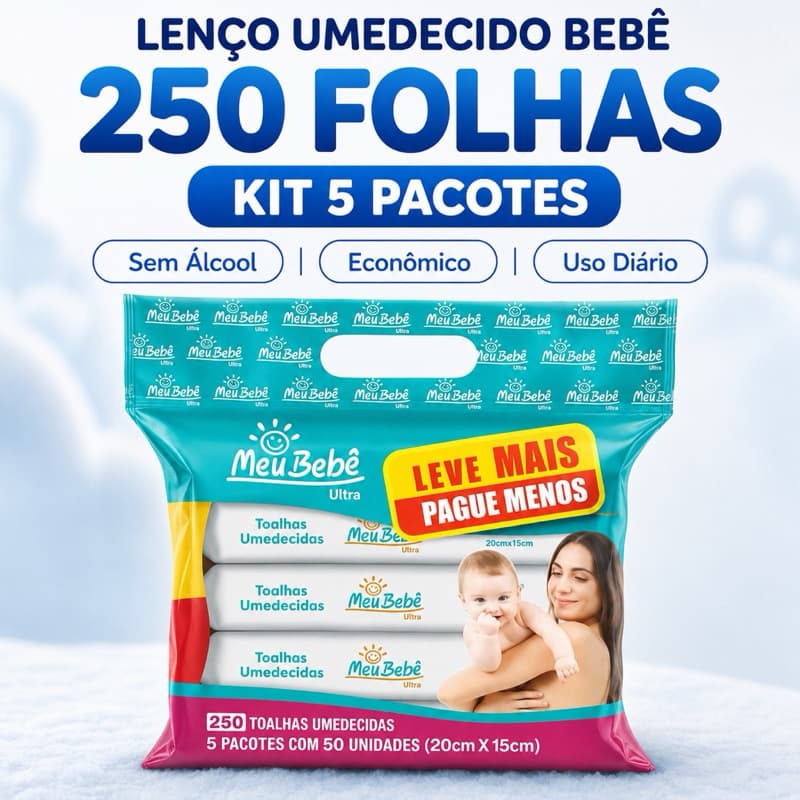 Lenço Umedecido Bebê 250 Folhas Kit 5 Pacotes Meu Bebê Ultra Sem Álcool Toalha Umedecida Infantil