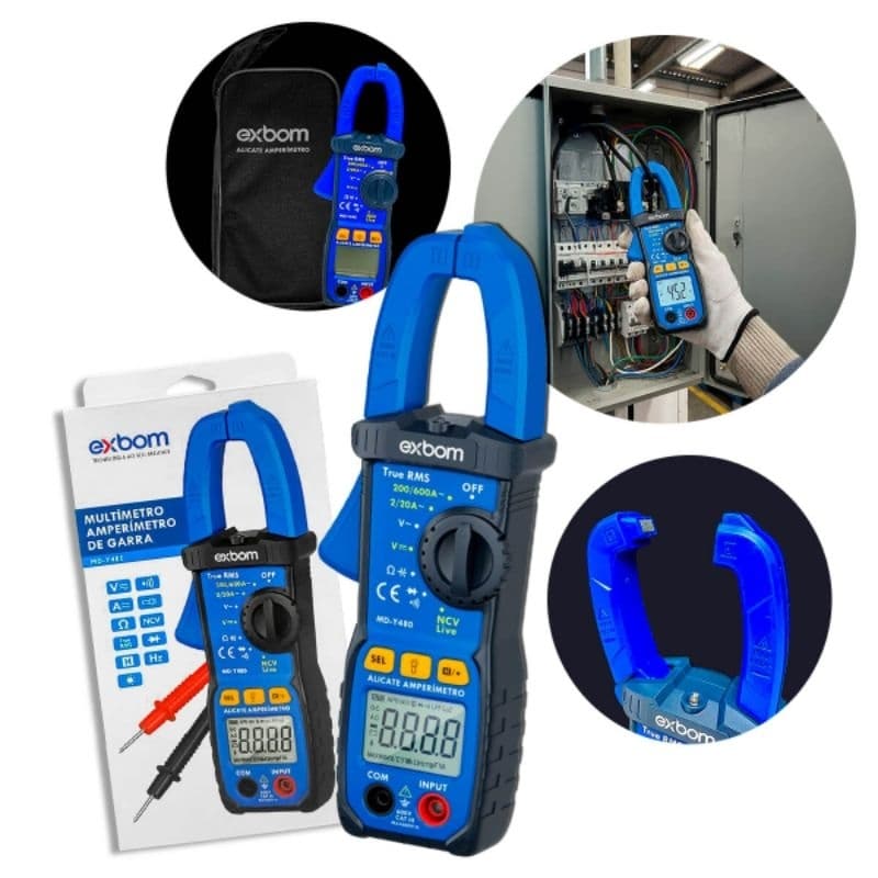 Alicate Amperímetro Digital True RMS Automático NCV Profissional Detector de Tensão Sem Contato Multímetro Exbom MD-Y480