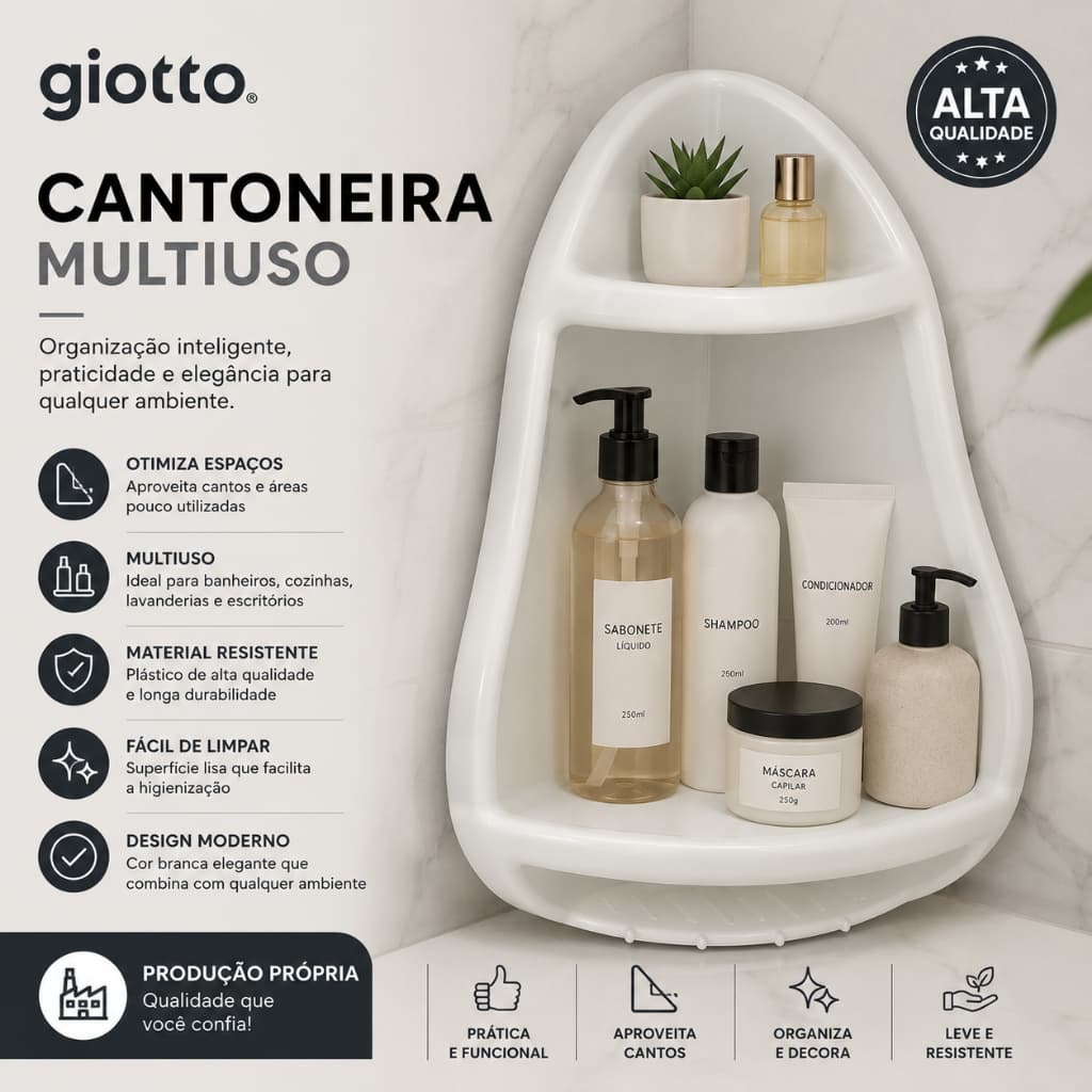Cantoneira Multiuso Branca Organizador de Banheiro Cozinha e Lavanderia Limpeza Moderno Giotto