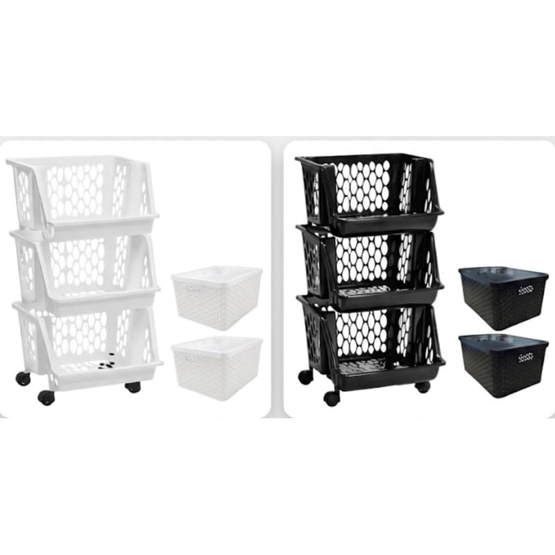 Kit Organizador Multiuso: Carrinho de Rodinhas 3 Andares + 2 Caixas Organizadoras com Tampa Quarto/Cozinha Lavanderia