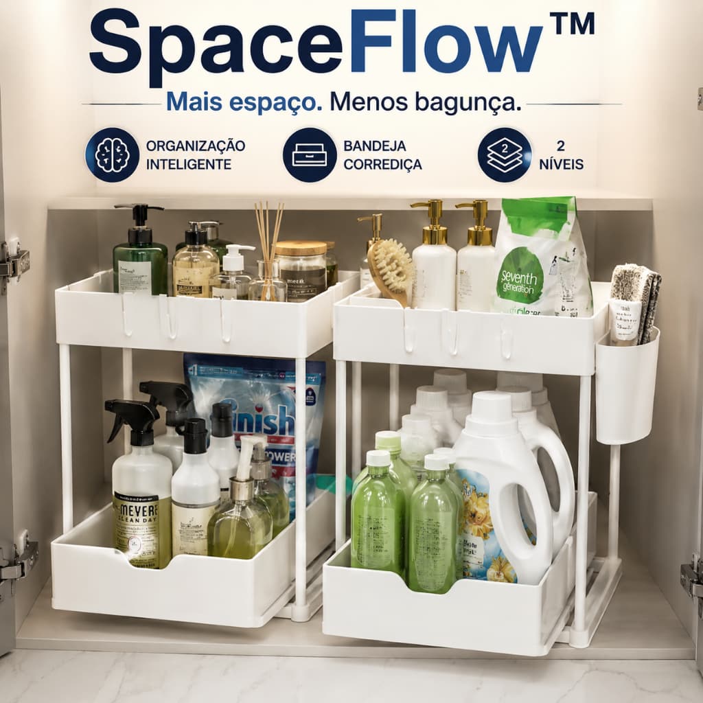 Organizador Multiuso SpaceFlow™ 2 Níveis Com Bandeja Corrediça Organizador De Armário Cozinha Banheiro Lavanderia