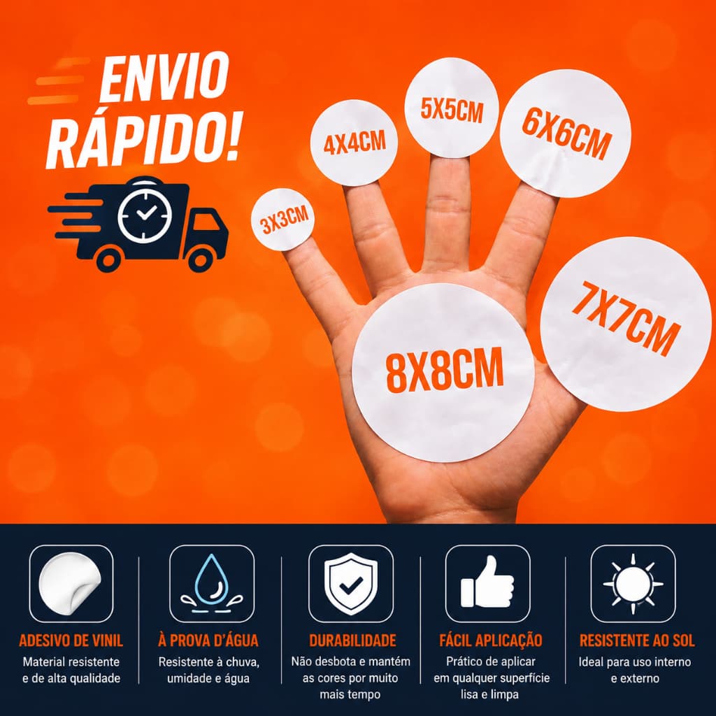 50 ou 100 Adesivos Personalizados em Vinil 3x3 4x4 5x5 6x6 7x7 Etc - Etiqueta Adesiva em Vinil