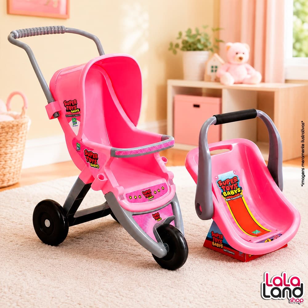 Kit Carrinho De Passeio 3 Rodas Super Toys Rosa Para Boneca Infantil Com Haste Removível Bebê Conforto