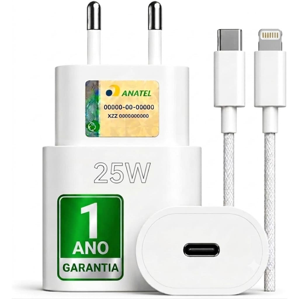 Carregador para iPhone 14 13 12 11 X Pro Max - Turbo 25W com Cabo Lightning 1mt - Carga Rápida