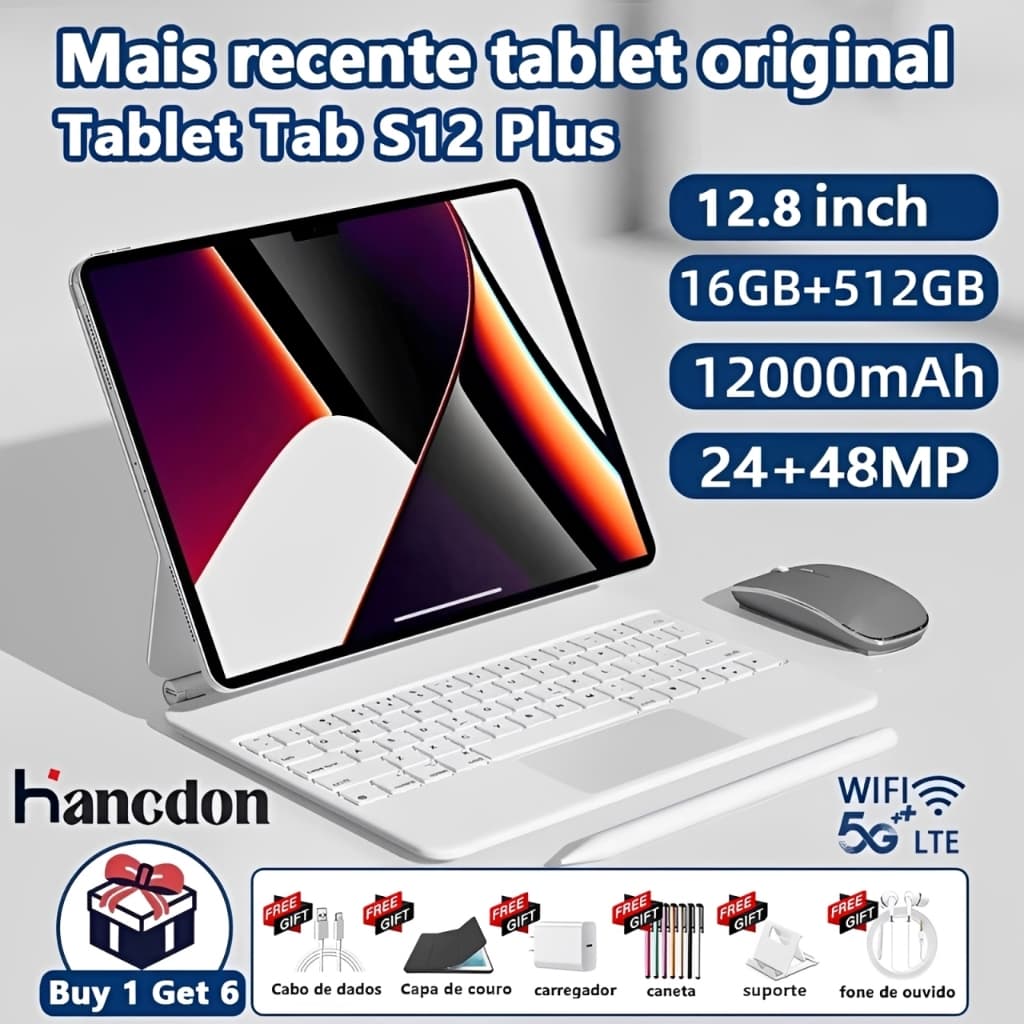 【Teclado e mouse gratuitos】Tablet Galaxy S12 Plus Tablet 12,8 polegadas 16 GB + 512 GB 12000 mAh Android 5G Dual-SIM