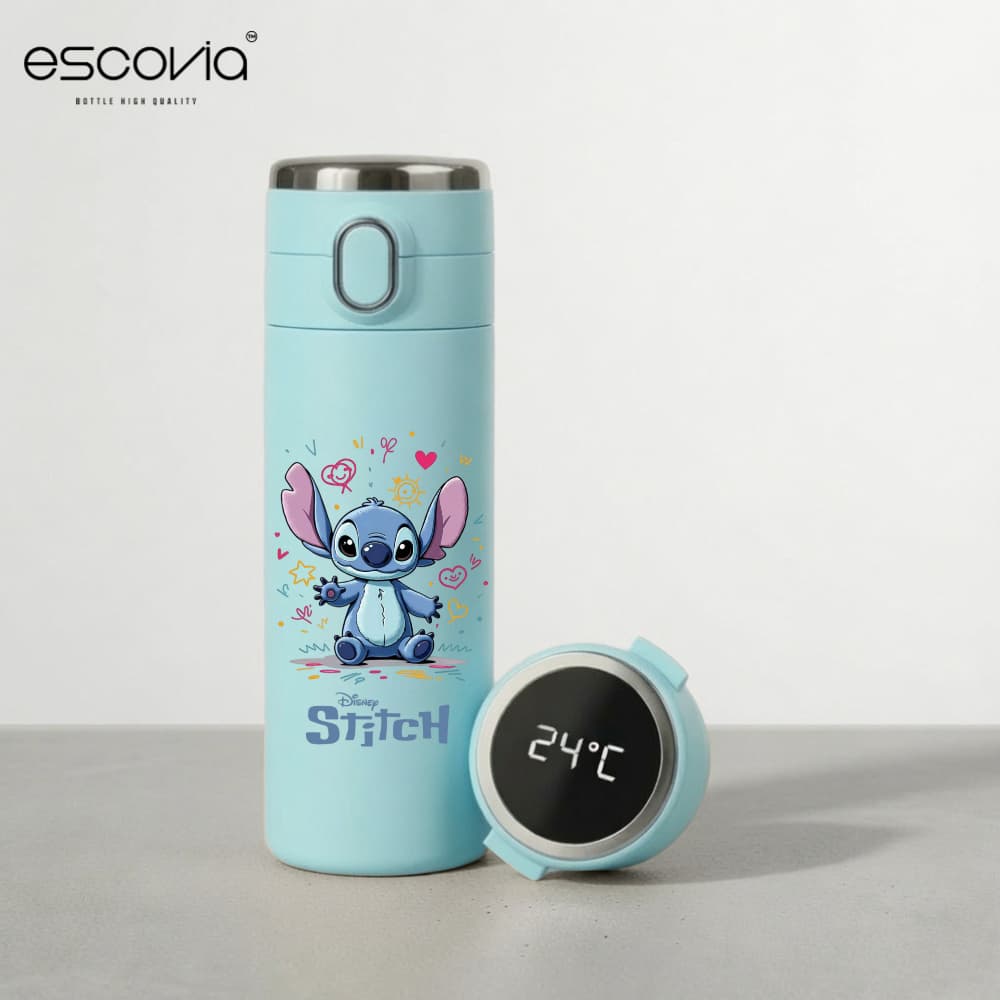 Garrafa Térmica Disney Stitch Abraço Aço Inoxidavel Parede Dupla 420ml com Termômetro Digital
