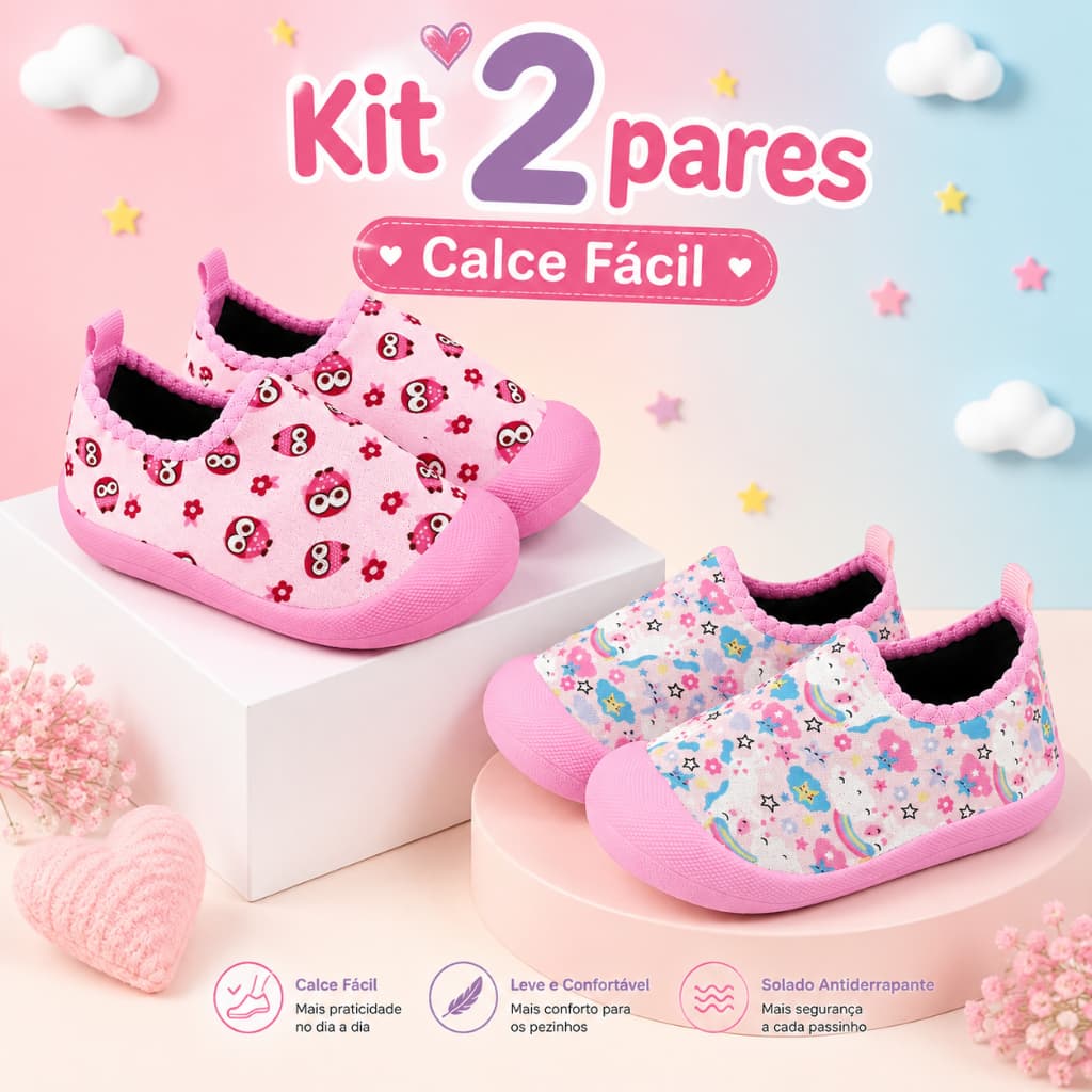 Kit 2 Pares Tênis Calce Fácil Infantil Menina Colegial Macio e Confortável