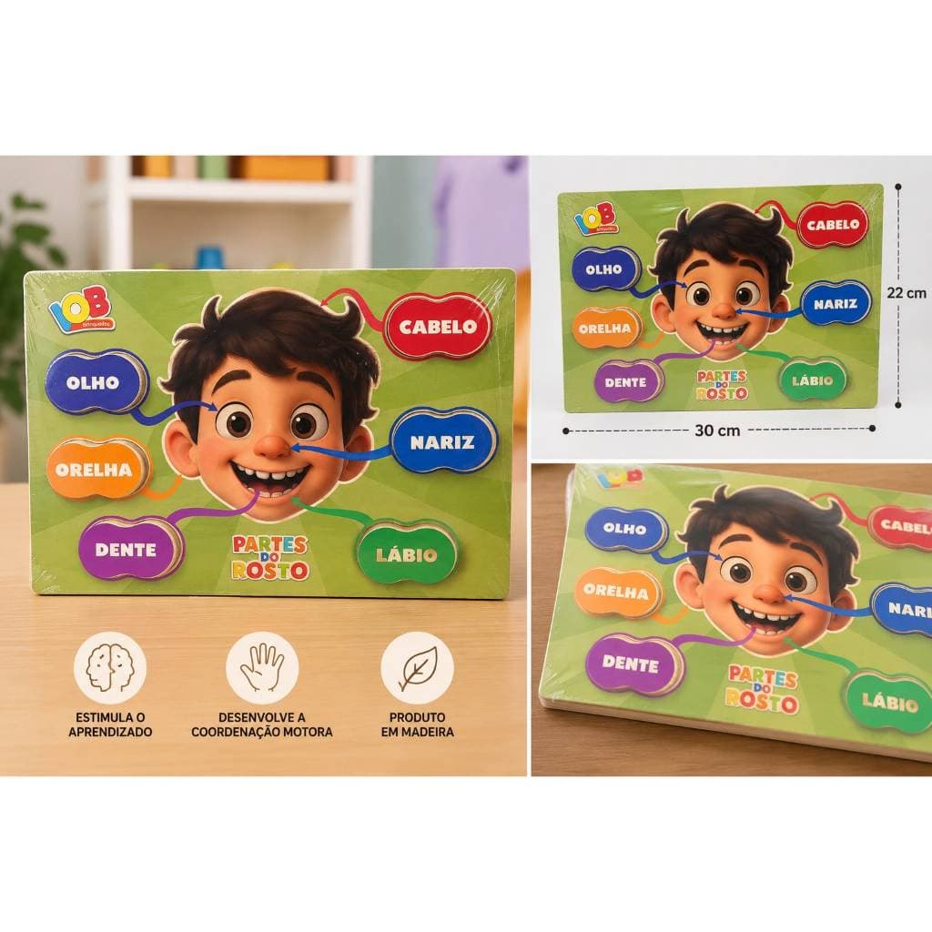 Brinquedo educativo de encaixe Infantil Partes do Rosto Pedagógico Educativo em Madeira