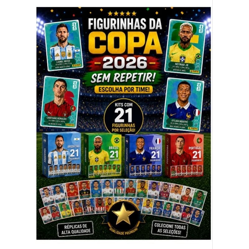 KIT COM 21 FIGURINHAS POR SELEÇÃO CORDADAS NO PACOTINHO - SIMILARES DA SELEÇÃO - ADESIVAS - COPA - 2026 - NEYMAR