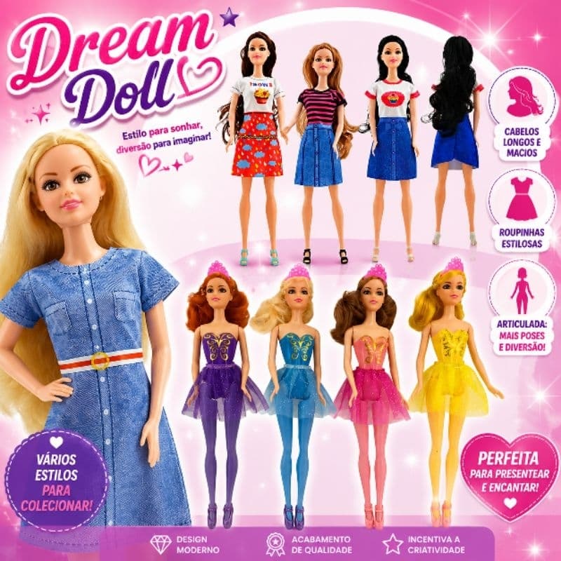 Boneca Dream Doll Articulada Cabelos Longos com Roupinhas e Vestidos Variados Infantil
