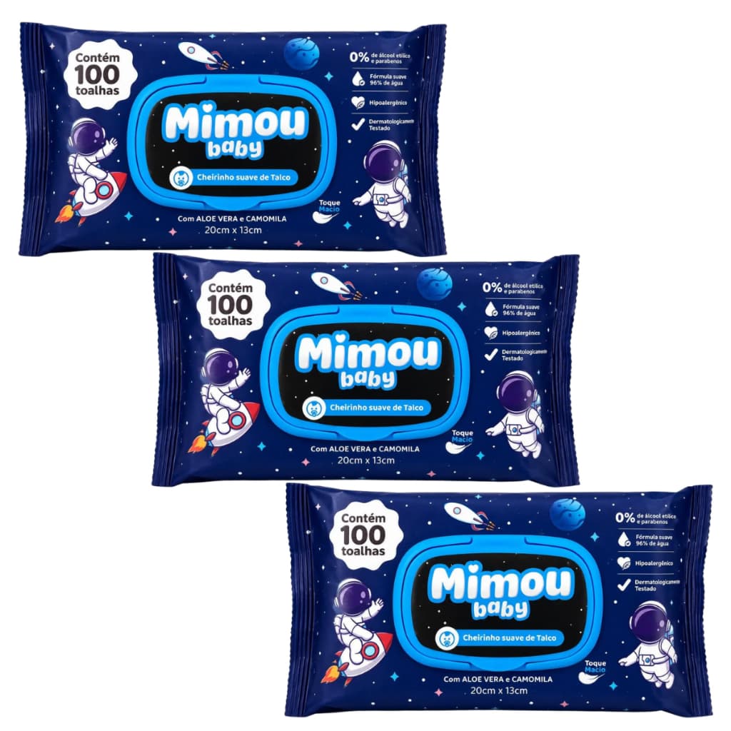Kit 3 Pacotes Lenços Umedecidos Cheirinho de Talco Sem Álcool 100un Mimou Baby
