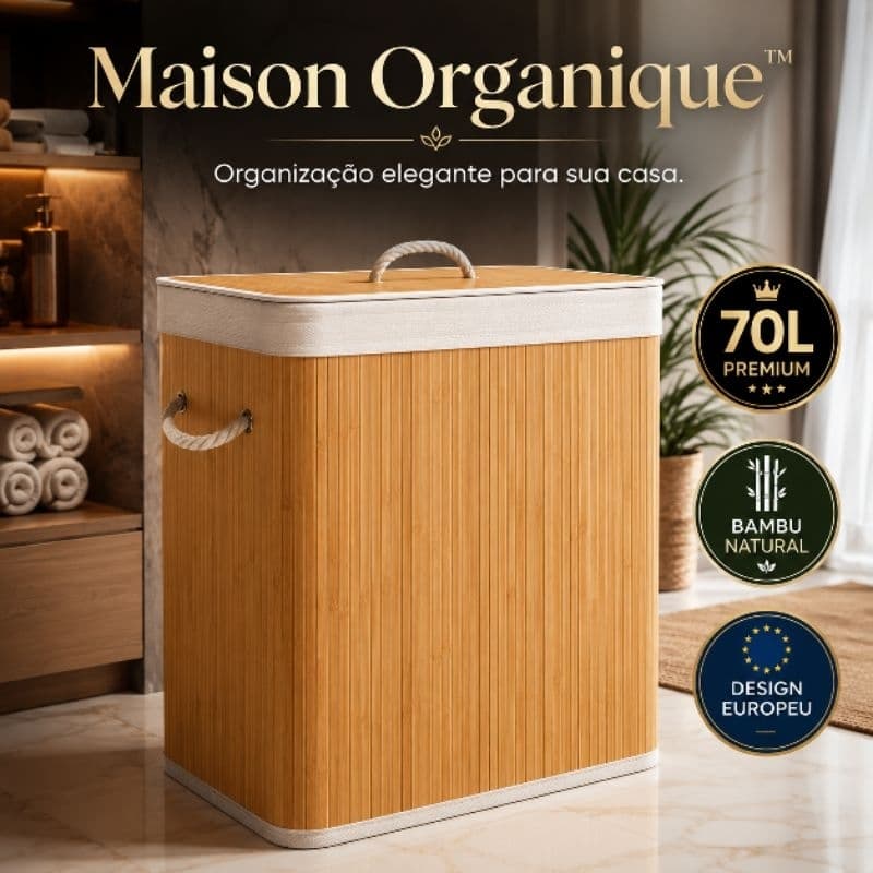 Cesto Organizador de Bambu 70L com Tampa e Alças | Maison Organique Prestige™ | Lavanderia, Banheiro e Quarto