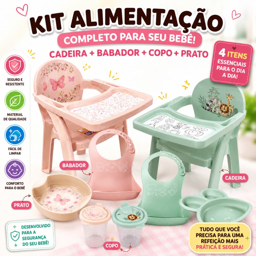 Poltrona Infantil com Bandeja Kit Refeição completa Cadeira de Alimentação Copo Prato e Babador