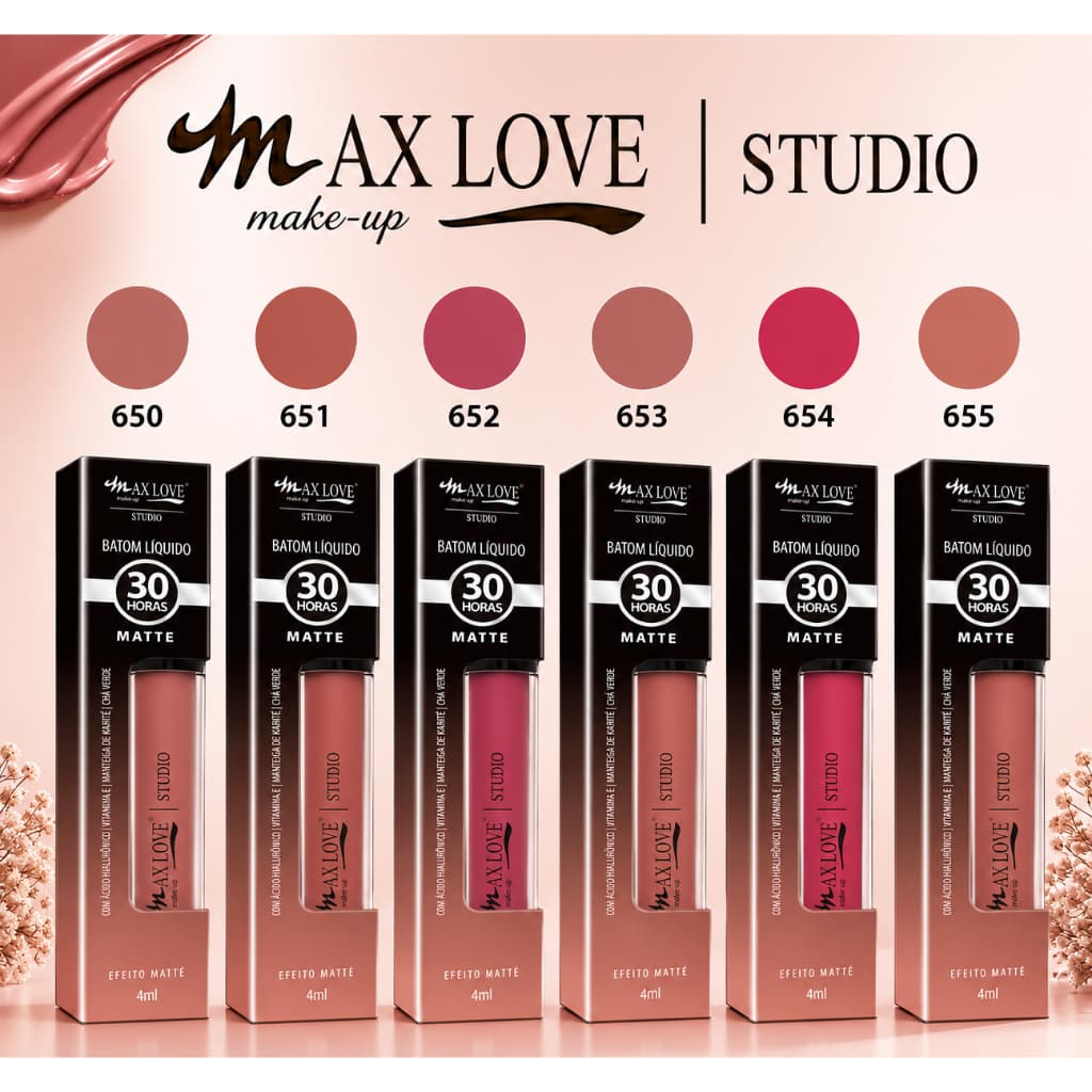 🏷️ Batom Líquido Matte Max Love Studio 30 Horas 4ml Original Cores 650 ao 655