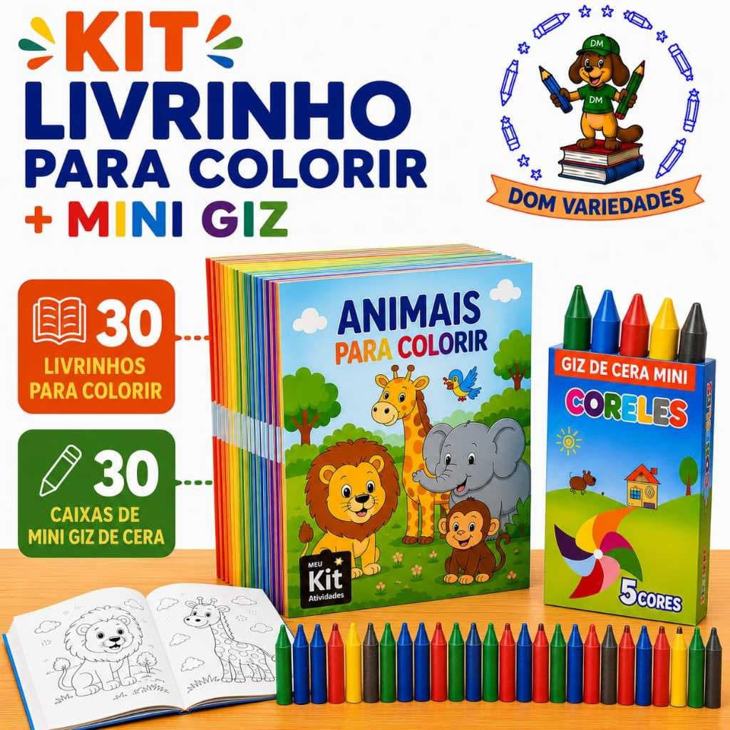 Kit Mini Giz + Mini Livro para Colorir | 5,10,15,20 ou 30 kits | Lembrancinha Infantil Escolar Festa Livrinho