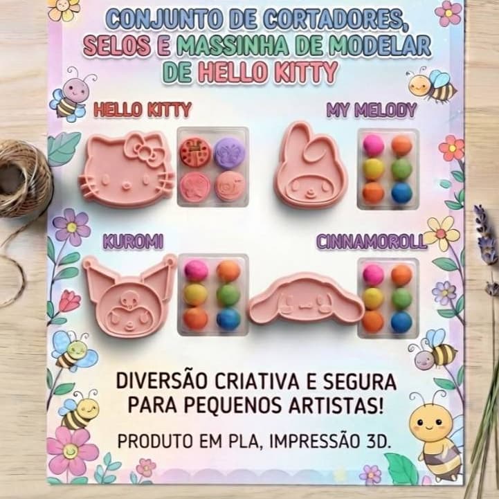 Kit com 7 cortadores de biscoito, selos e massinha de modelar da Hello Kitty