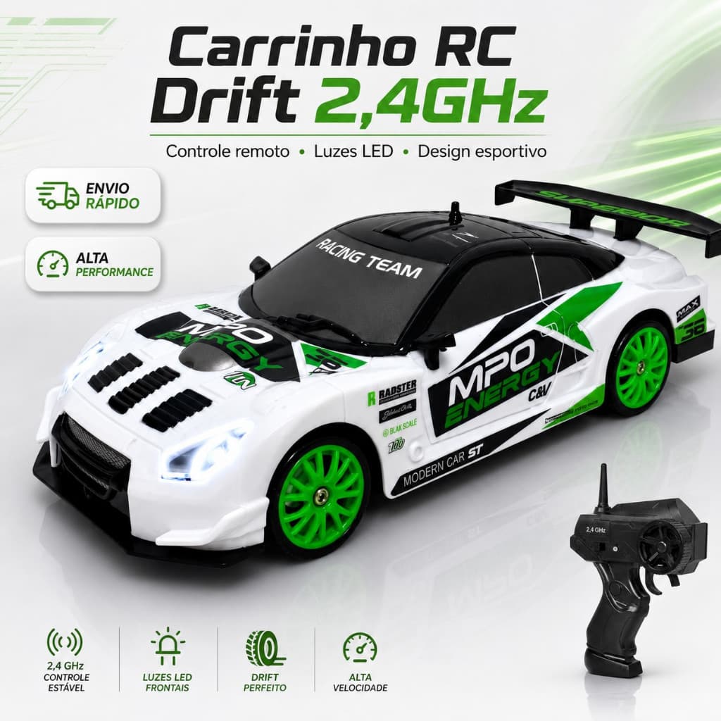 Carro de Controle Remoto Carrinho Drift Bateria Recarregável Brinquedo Menino 4 Rodas Extras e Cones