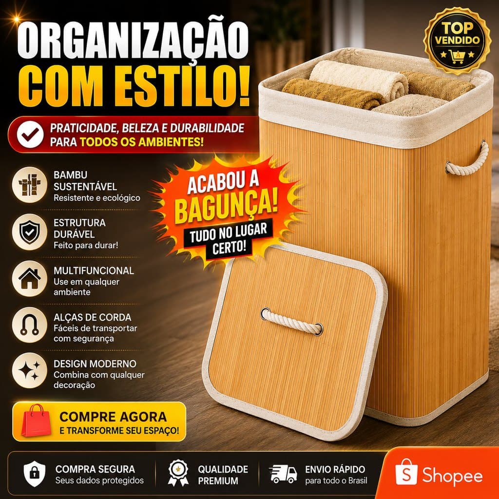 Cesto De Roupa Bambu 50 L -70L Dobrável Organizador Forrado Banheiro Grande Cesto Retangular