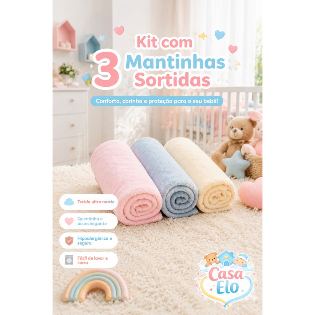 Kit de 3 Manta Bebê Microfibra Toque Suave Enxoval