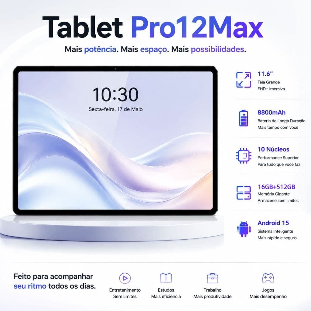 Tablet Pro12 com teclado e mouse grátis | 16 GB de RAM 512 GB | Tela HD de 11,6" | Android 15 | 5G