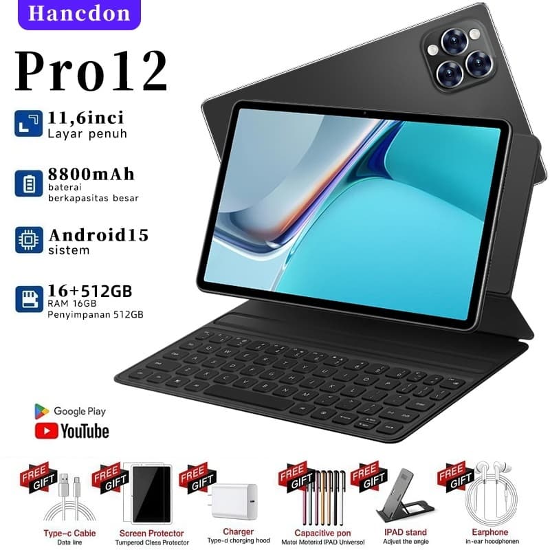 Tablet Hancdon Pro12 11.6" Full HD Android 15 8800mAh 16GB + 512GB MTK6799 10 Core 24MP+48MP Bluetooth tablet para jogos
