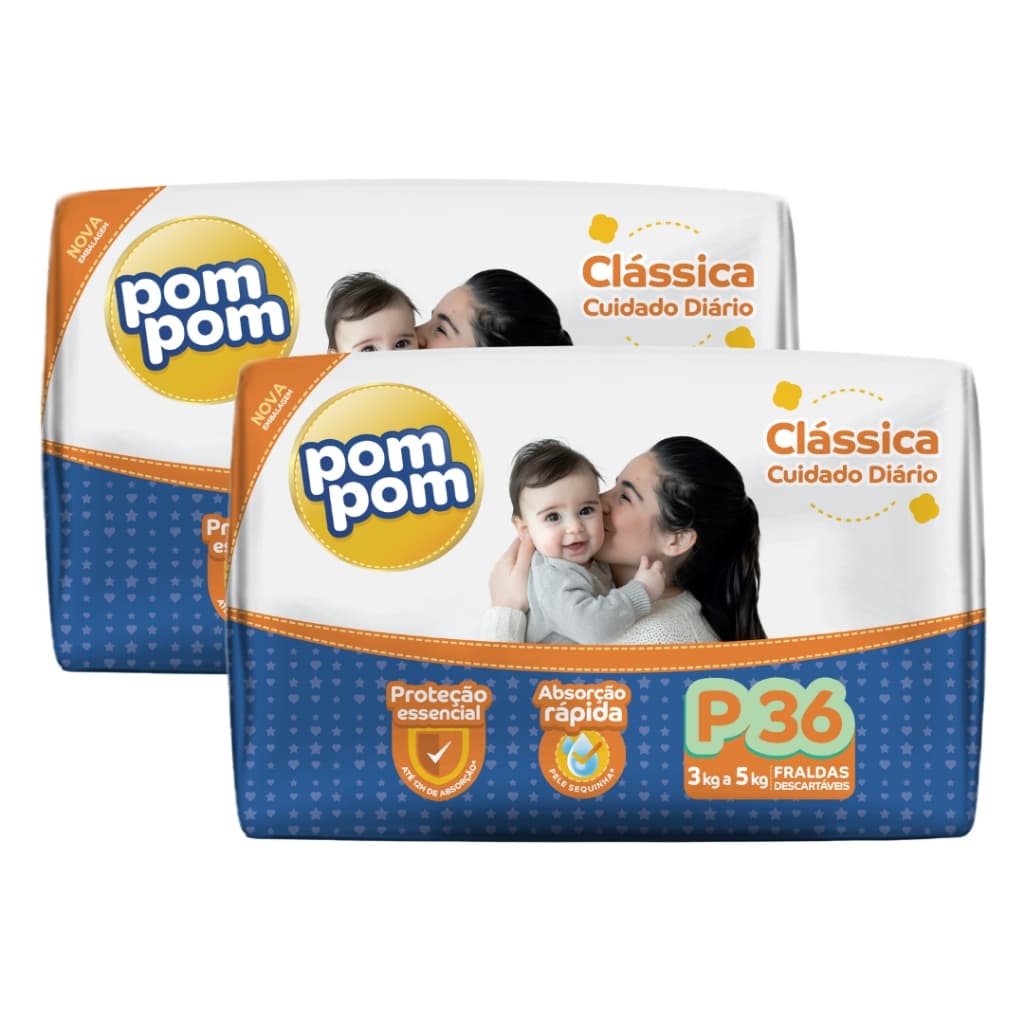 Kit Com 2 Pacotes Fralda Descartável Infantil Pom Pom Clássica Cuidado Diário Mega