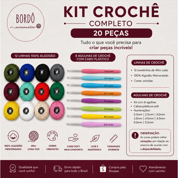 Kit Crochê e Amigurumi 20 itens - 12 Linhas + 8 Agulhas