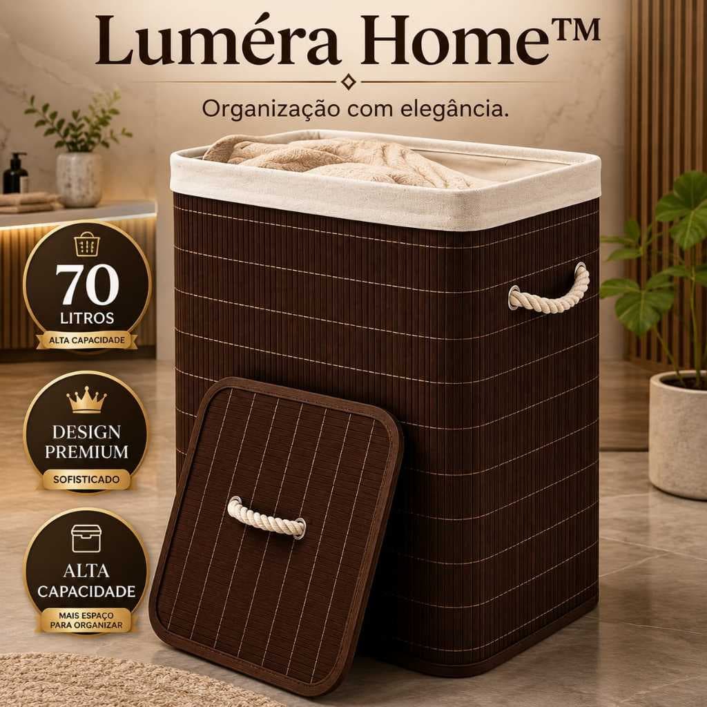 Cesto Organizador de Bambu Grande 70L com Tampa Alças para Roupas Lavanderia Quarto Banheiro Marrom