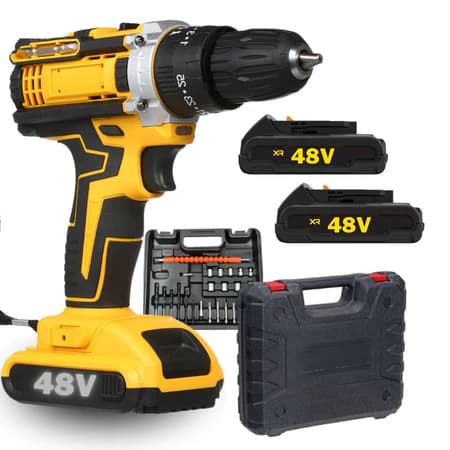 Furadeira e parafusadeira sem fio 48V com 2 baterias – kit completo com maleta