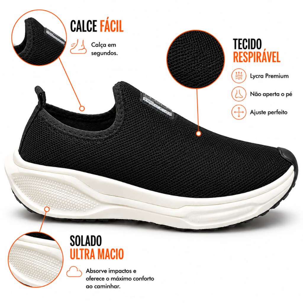 Tênis Meia PRETO OFF Feminino SlipOn Calce Fácil Casual Esportivo Confortável para Academia Sneaker