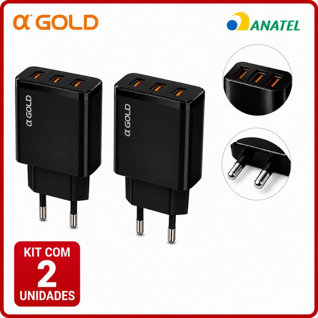 Kit com 2 Carregadores Celular 3 Entradas Fonte USB Rápido 5.1A Original A'Gold