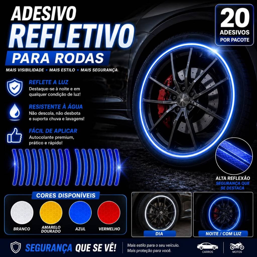 20 Adesivos Refletivos De Listras Decorativas, P/ Rodas De Carro/Moto Aviso De Segurança Noturna