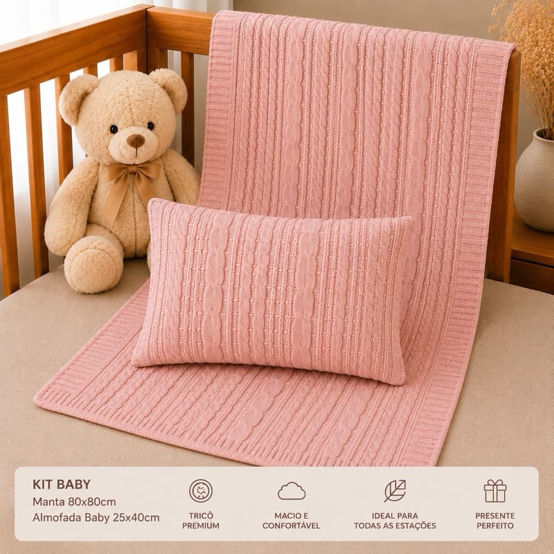 Kit Baby Maternidade Manta e Almofada Tricot Bebê RN Unissex Saída Maternidade Enxoval