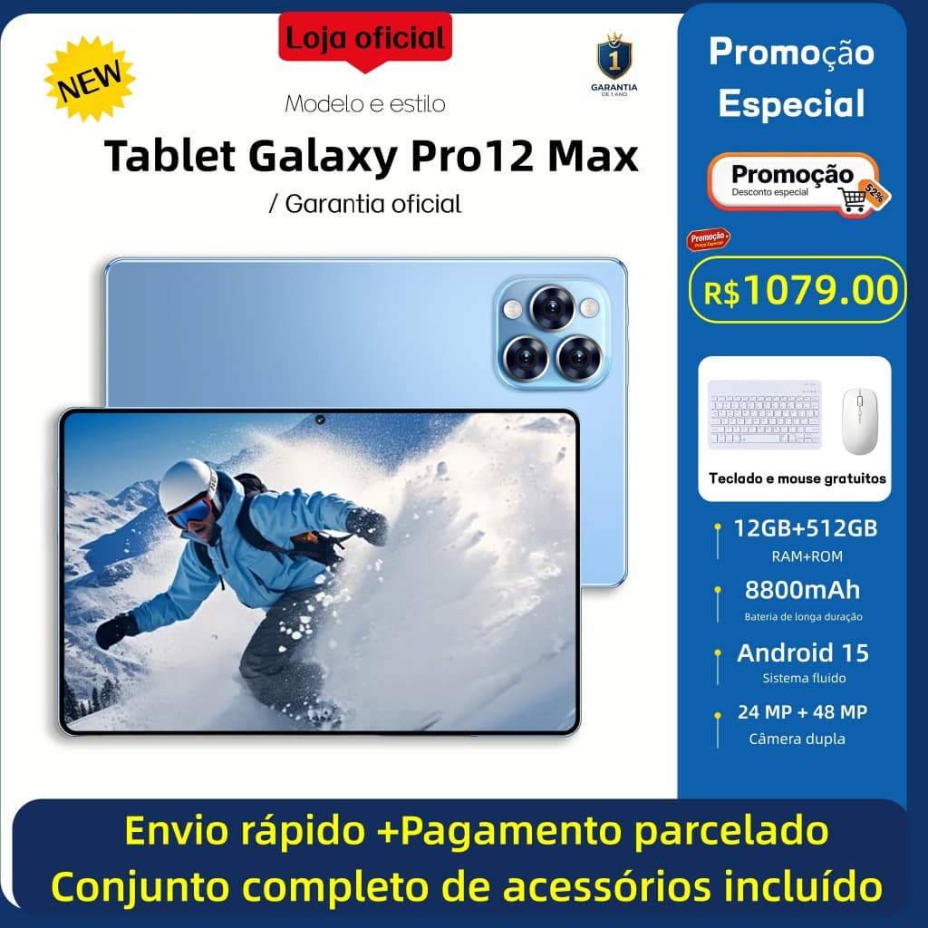 [Teclado, mouse e fones de ouvido grátis] Tablet Galaxy Pro12 Max 11,6 polegadas HD 12 GB + 512 GB 8.800 mAh Android