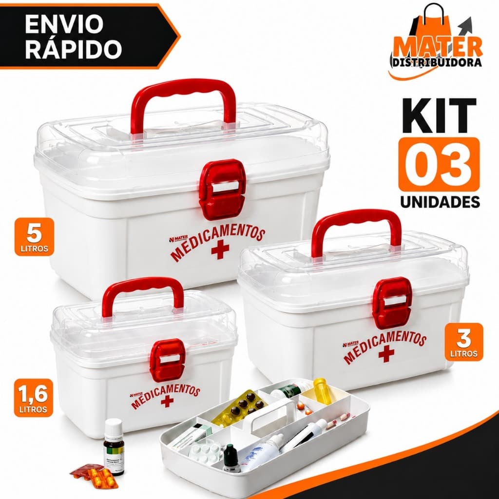 Kit 3 Caixas Organizadoras Maletas Primeiros Socorros Multiuso Maleta Remédios 1,6L 3L 5L