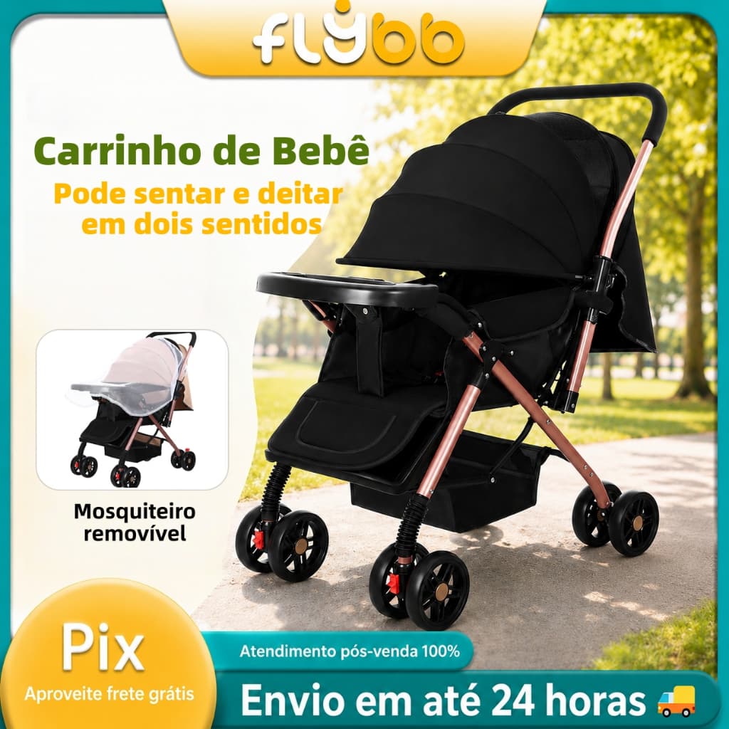 Carrinho de Bebê Reclinável Dois Sentidos Sentar e Deitar Com Mosquiteiro Removível